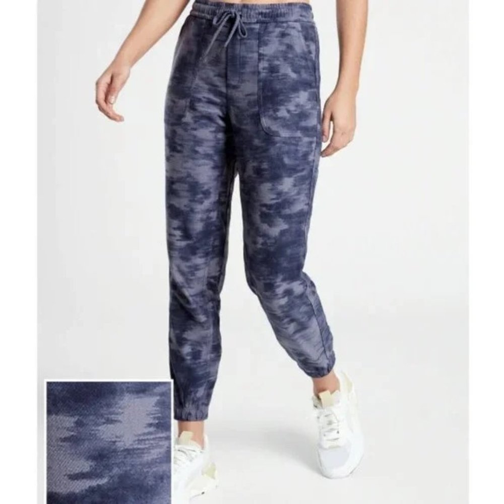 Athleta Farallon Knit Jogger Pants Navy Blue Camo High Rise Elastic Waist Size 6